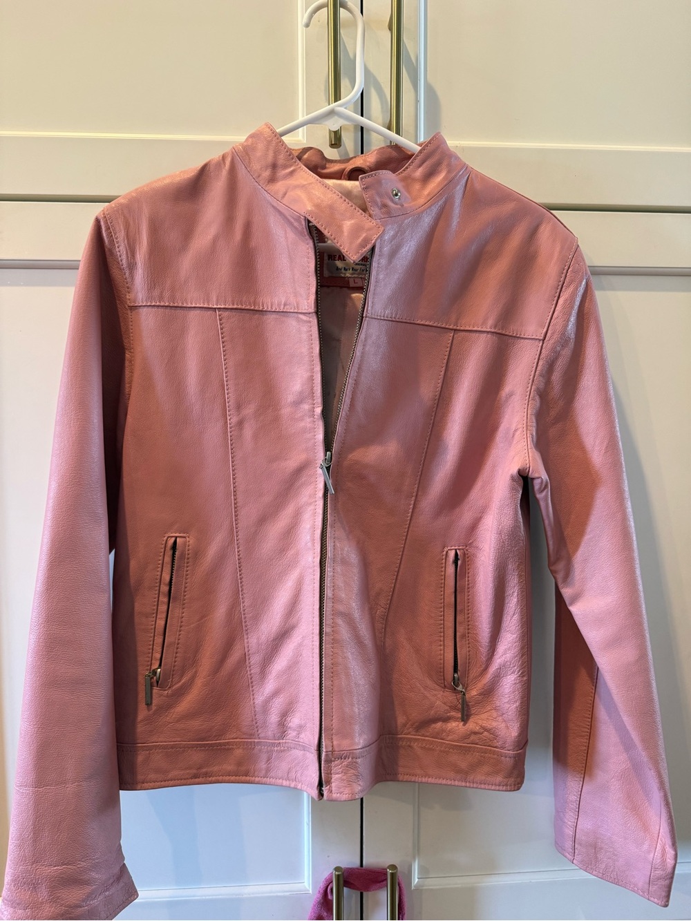 Real Work Wear Pink Genuine Leather Moto Jacket Women's Large Zip Soft Lambskin